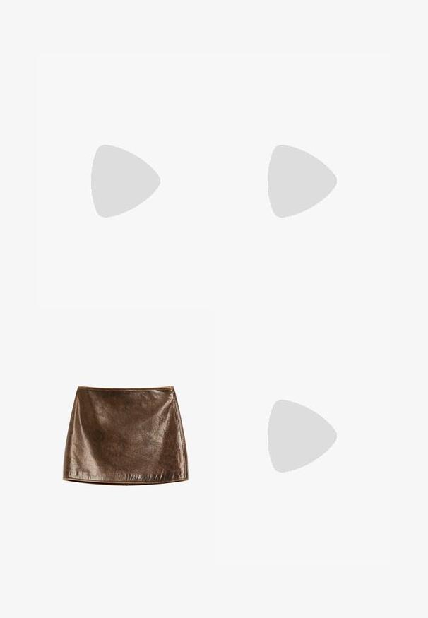 Brown long-sleeve shirt made of soft fabric, featuring a scoop neckline and straight cut with side slits at the hem for ease.; Brown metallic mini skirt with a smooth, shiny texture. Features a simple design and clean lines, with a straight hem at the bottom.; Brown suede slip-on shoe with a low heel, an adjustable strap with a silver buckle, and a black rubber sole.; Round, brown-tinted sunglasses with a glossy burgundy frame. Slim arms with subtle branding detail. Flat lens design.; Brown suede hobo bag with a soft, slouchy shape, featuring a single shoulder strap and a subtle seam detail along the edges.