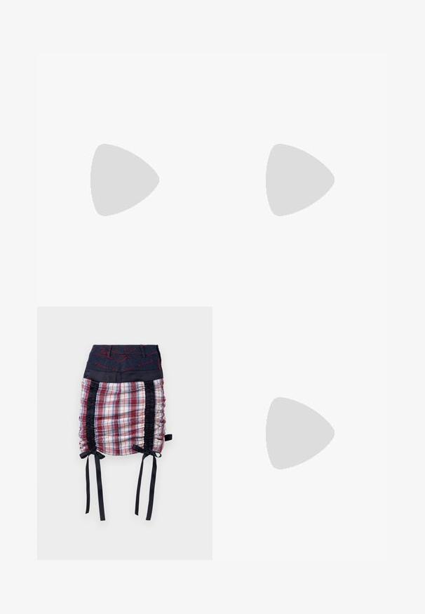 Denim off-the-shoulder top with puffy plaid sleeves, featuring a red and blue patterned body and scalloped hem. Adjustable straps included.; Sinead Gorey TARTAN RUCHED ADJUSTABLE SKIRT  - Mini skirt - blue/red; Black leather sneaker with thick rubber sole and metallic accents. Features round laces and a reinforced toe area marked by silver hardware.; Black leather handbag with a structured design, silver chain strap, and a prominent metallic logo on the front. Smooth texture.
