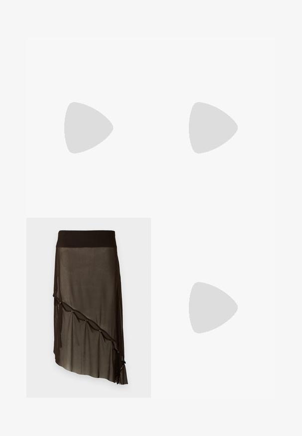 Long-sleeve, V-neck blouse in dark brown, featuring a collared neckline and a fitted silhouette with soft, textured fabric.; Black mesh skirt with a fitted waistband, asymmetrical hem, decorative buttons along the front, and layered sheer texture.; Black leather slingback heels with a pointed toe, small kitten heel, and a decorative knot detail on the front. Smooth texture throughout.; Black leather handbag with a unique fan shape, featuring flat handles. The surface has a pebbled texture and a minimalistic design.