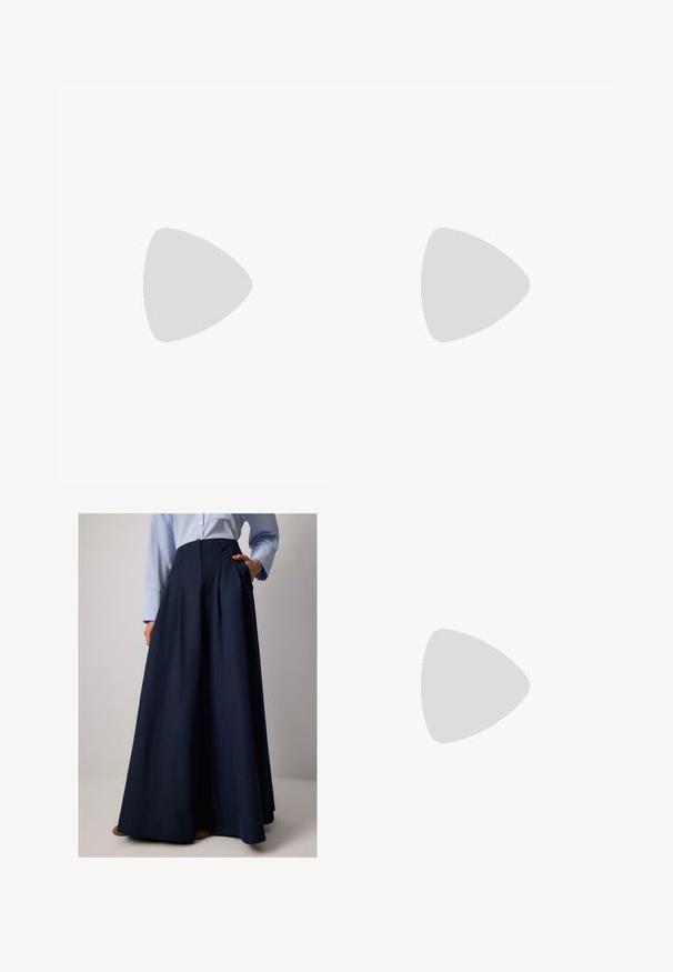 Navy blue short-sleeve t-shirt made of soft fabric, featuring a round neckline and a small logo on the upper left chest.; Navy long skirt with pleats, made from lightweight fabric, featuring side pockets and a high waistband. Smooth texture and elegant drape.; Blue suede sneaker with white leather stripes, featuring a rounded toe, gum rubber sole, and gold "adidas TOKYO" branding on the side.; Black plastic eyeglasses with an oval shape, featuring clear lenses and one purple accent on the left lens. Sleek, minimal design.; Beige patent leather handbag with a curved shape, adjustable strap, silver hardware, decorative buckles, and circular stud accents.