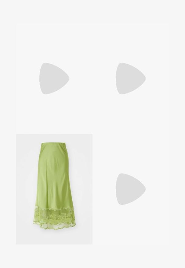 Pink and cream sleeveless top featuring a tie-dye pattern, gathered texture down the front, and a round neckline.; Long, lime green skirt made of smooth fabric. Features a lace trim at the hem, with floral patterns embroidered in matching color.; Pink heeled sandals with a glossy finish, featuring a thong strap design and a slim metallic heel. Smooth texture and minimalist style.; Gold-tone metal hoop earrings with a shiny, curved design. Display a half-moon shape with smooth surfaces and post back closure.