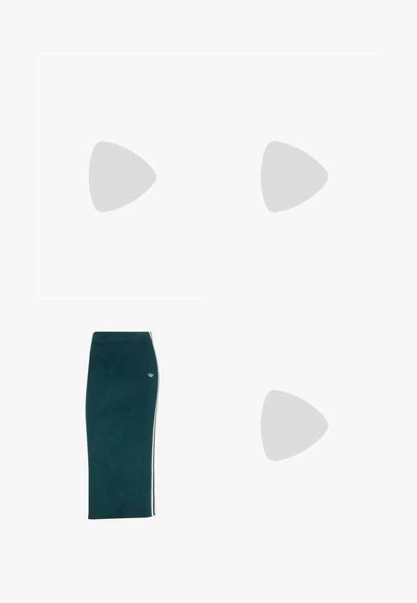 Lys grøn atletisk skjorte med mørkegrønne ærmer, kvart lynlås og hvide striber; har et logo på brystet samt AeroReady branding.; adidas Originals KNIT SKIRT - Pencil skirt - aurora ink; Metalisk sølv sneakers med hvide snørebånd og tre hvide striber, kombineret med sorte stribede bukser. Gummisål som accent nederst.; Sølvmetallic håndtaske med et slankt, struktureret design, der har en tekstureret overflade, en skulderrem og en prægede logo accent.