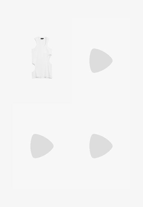 Top alb fără mâneci, fabricat dintr-un material moale, cu părți laterale decupate și un guler rotund. Design simplu, fără modele sau accente.; Pantaloni cargo de culoare verde măsliniu, dintr-un material neted, cu două buzunare frontale, curea ajustabilă la talie și manșete elastice cu șnururi la glezne.; Bot negre până la genunchi, realizat din piele ecologică, cu vârf ascuțit, textură netedă și toc gros. Design minimalist fără accente vizibile.; Ochelari ovali cu o ramă metalică argintie, lentile clare și accente texturate cu mărgele pe brațe. Design ușor cu brațe curbate.