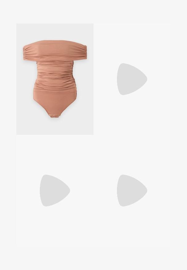 Off-the-shoulder, ruched bodysuit in muted brown, made of smooth fabric; features snap closure at the bottom and a form-fitting design.; DSQUARED2 ICON TRUMPET PANT - Trousers - black; Black patent slingback heel with a pointed toe, featuring textured snake print, adjustable strap, and a short, textured block heel.; Black leather handbag with a curved design, featuring silver studs, a buckle, and two side pockets. Adjustable strap for carrying options.