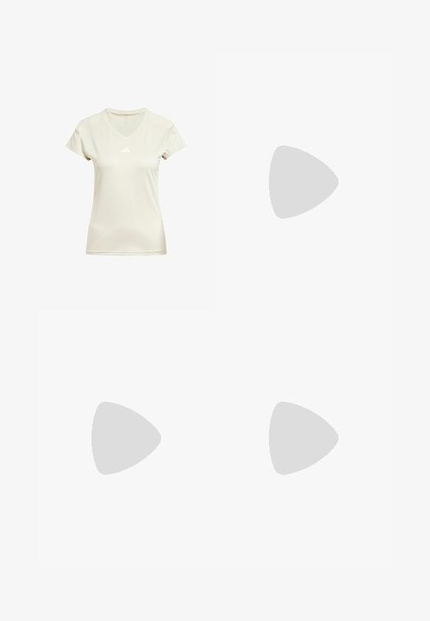 Kergesti beež V-kaelusega spordisärk lühikeste varrukatega, rinnal valge Adidas logo ja tekstureeritud detail kaelusel.; Mustad mustad sportpüksid, millel on lõdva istuvus, elastne vöökoht ja nööridega reguleerimine. Omab külgtaskuid ja sujuvat, tekstuuriga kangast.; Valged jooksujalatsid oranžide aktsentidega. Võrgumaterjal, ümar varvas ja paks vahevaip. "TERREX" on trükitud külg poole ja kolm triipu kannal.; Must värvi sportlik peapael, millel on sile tekstuur, kaarjas kuju ja elastne ülaosa. Küljel on väike valge Adidas'i logo.