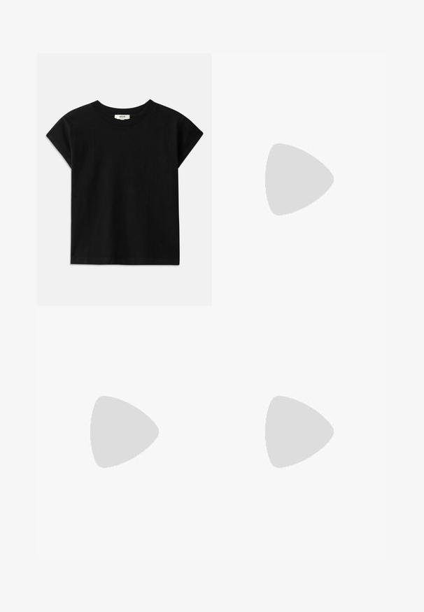 Juodas medvilninis marškinėlis su apvaliu kaklu, trumpomis rankovėmis ir tiesiu kirpimu. Lygus paviršius su minimaliais akcentais.; CLOSED JAZZIE - Platėjantys džinsai - mid blue denim; Juodų odinių sportbačių su zomšos akcentais, apvaliu pirštu, guminėmis padangomis, plokščiomis raišteliais ir siūlės detalėmis. Ant kulno yra prekės ženklo logotipas.; Ruda odinė petinė rankinė su kreivam formu, lygia tekstūra ir viena plona juosta. Yra švelni siūlė ir mažas logotipo elementas.