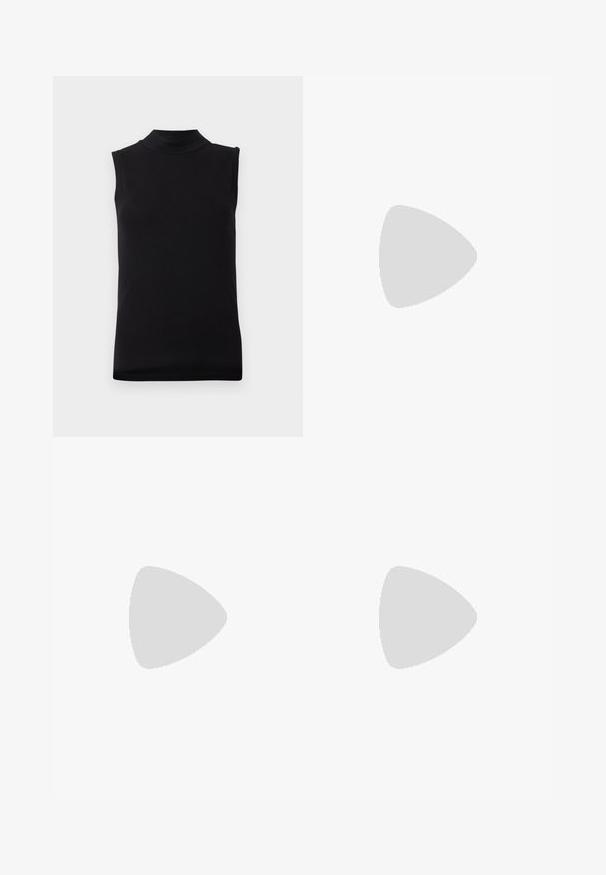 Black sleeveless top with high neckline made from smooth, stretchy fabric, displayed on plain white background.; Green, wide-leg pants made of lightweight fabric, featuring a drawstring waist and a subtle textured pattern throughout.; Beige athletic shoes with mesh and synthetic overlays, featuring a textured surface, padded collar, and "ABZORB" cushioning at the heel.; Black leather bucket bag with drawstring closure, featuring a glossy "CK" logo on the front and gold-tone hardware accents.