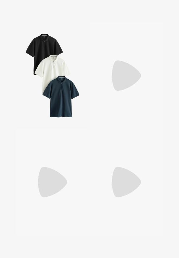 Három rövid ujjú pólóing fekete, fehér és sötétkék színben, félcipzáros gallérral és texturált anyaggal.; Sötétkék úszónadrág, könnyű anyagból készült, rugalmas derekú, fehér zsinórral és egyenes szabású dizájnnal.; Fekete velúr sportcipők alacsony profillal, gumi talppal, strukturált oldalsó panelek és azonos színű Nike logóval. Fűzős elülső rész, párnázott nyak.; Ezüst fémkeretes napszemüveg, pilóta forma, sötét árnyékolt lencsékkel. Barna, bordázott bomber dzsekivel kiegészítve.