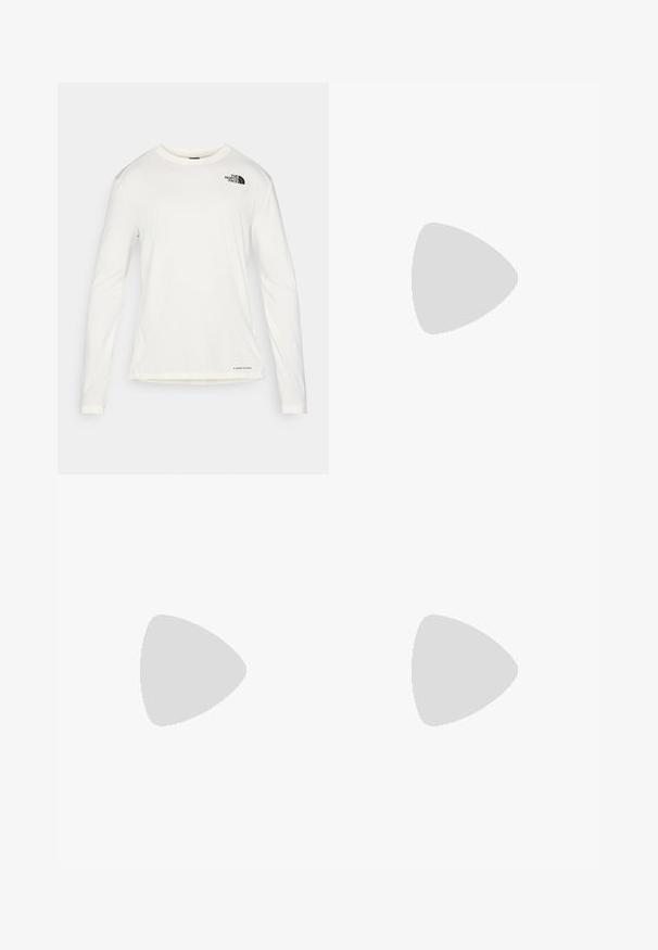 White long-sleeve shirt with a round neck, textured fabric, black logo on the left shoulder, and subtle branding at the bottom.; Black lightweight trousers with an elastic waistband, drawstring closure, and tapered legs. Made from water-resistant material with a smooth texture.; Beige and cream athletic shoe with textured mesh upper, supportive overlays, and rubber outsole featuring a tread pattern for traction.; Beige sports sunglasses with brown lenses, a streamlined design, textured black accents on the arms, and an angular shape.; The North Face TERRA LUMBAR 3L UNISEX - Bum bag - utility brown/khaki stone