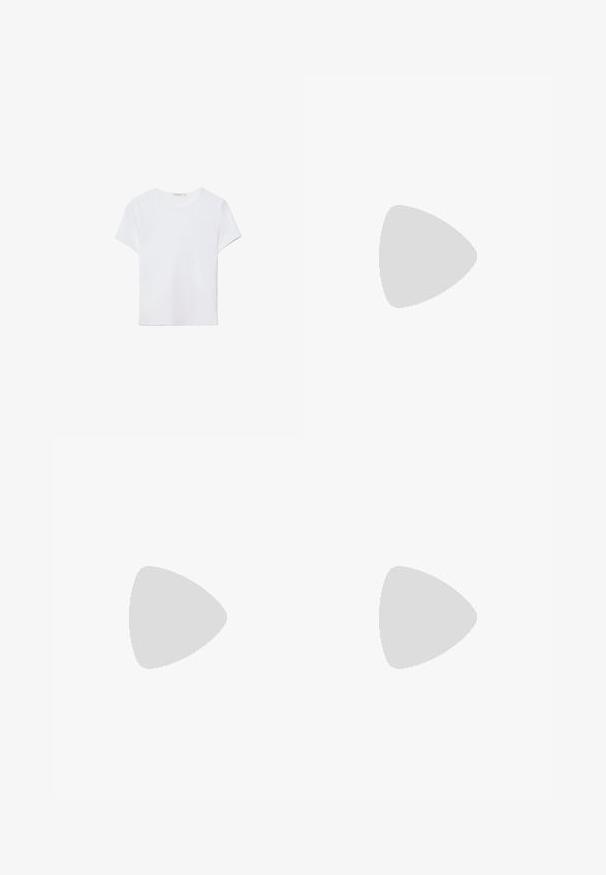 Witte T-shirt met korte mouwen, gemaakt van zachte stof. Heeft een ronde halslijn en een eenvoudig, strak ontwerp met een rechte zoom.; Lichtgroene, loszittende broeken met een elastische tailleband en een trekkoord, gemaakt van een zachte stof. Een vlakke voorkant en brede pijpen ronden het ontwerp af.; Witte leren sneaker met geperforeerde teenbox, gestructureerde zool en witte veters, gecombineerd met wijde rode broeken en een blauw-geel achtergrond.; Geel leren handtas van patenta textiel met een gestructureerde vorm, een bovenhandvat en een voorste drukknoopsluiting met een ronde metalen logo-accent.