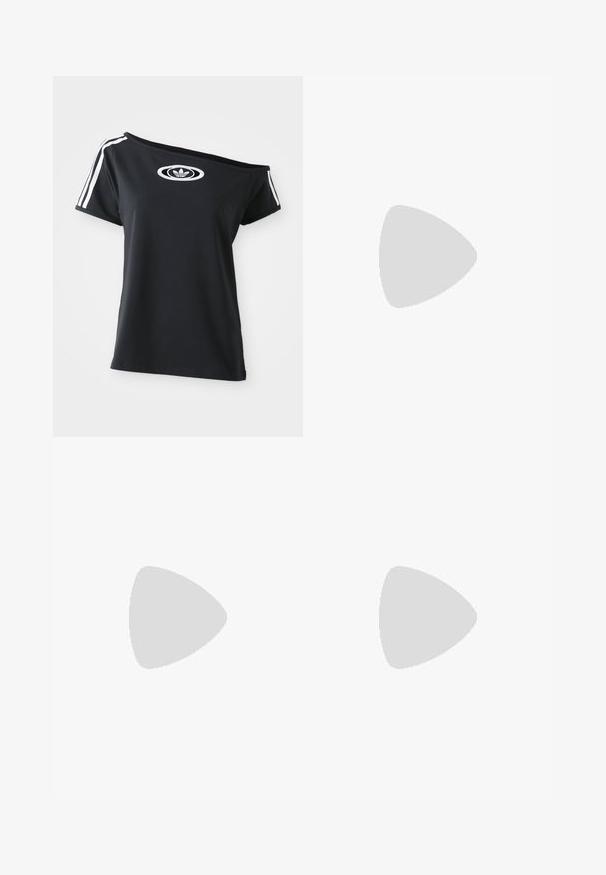 Zwart off-shoulder T-shirt met korte mouwen, met een wit Adidas-logo en drie witte strepen langs de schouders. Soepele stoftextuur.; Mintgroene skibroeken met een slank ontwerp, voorzien van een zwarte tailleband, twee knopen en een zwarte accent bij de boorden voor verstelbaarheid.; Zwarte leren laarzen tot de knie met een gladde textuur, een slonzek ontwerp, puntige neus en een lage vierkante hak. Minimalistische stijl zonder zichtbare hardware.; Metalen zilveren handtas met een gestructureerde vorm, twee bovenhandvaten en ritszakken aan de voorkant. Gladde, glanzende textuur.