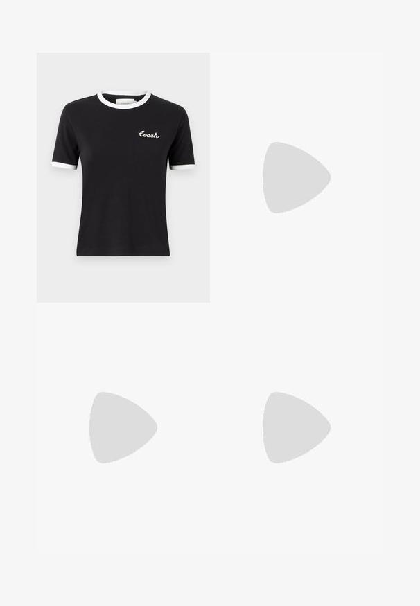 COACH RINGER  - Basic póló - black; Fehér szoknya fekete és bézs fröccsenésmintával, térdig érő, sima textúrával és bővülő sziluettel.; Fekete-fehér lakkbőr loferok masszív fekete platform talppal és finom varrási részletekkel a felső varrat mentén.; Fekete bőr keresztpántos táska texturált felülettel, állítható pánttal és ezüstszínű fémveretekkel. Elöl fémkapcsos záródású fedél található.