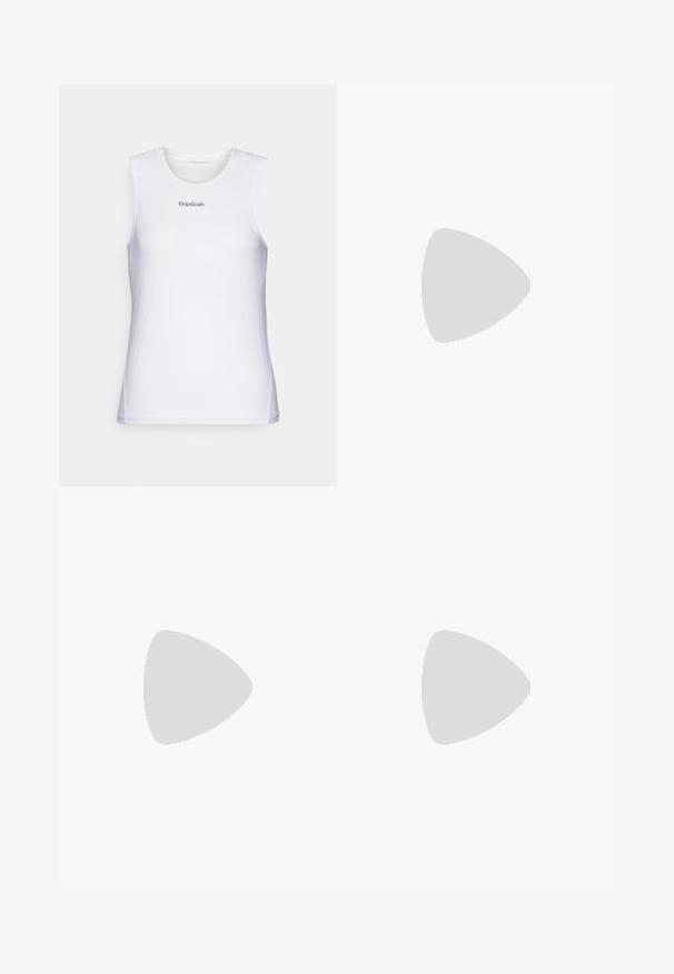 Bílý bezrukávový sportovní top s texturovaným síťovým designem. Má kulatý výstřih a šedé logo "GripGrab" na hrudi.; Černé cyklistické šortky vyrobené z hladké, pružné tkaniny. Mají polstrovanou sedací část a elastický pas pro pohodlí během jízdy.; Lehké běžecké boty s fialovou síťovinou, růžovou střední částí a texturovaným designem. Mají odpruženou podrážku pro pohodlí a podporu.; Černá lesklá kabelka s křivkovým siluetou, dvěma uchy a předními logovými destičkami. Zipové zapínání a lesklé kovové akcenty.