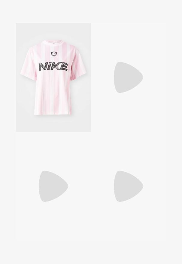 Pink and white striped short-sleeve t-shirt. Features black "NIKE" logo with floral design. Made of soft, lightweight fabric.; Light blue wide-leg jeans made of denim, featuring a mid-rise waist, five pockets, and a button closure with a slim metal accent.; Pink suede and mesh sneakers with light gray accents, cream laces, and a yellow midsole, featuring a black outsole and branding detail.; Silver hoop earrings with a twisted design, featuring a polished finish and post-back closure. Measure approximately 3 cm in diameter.