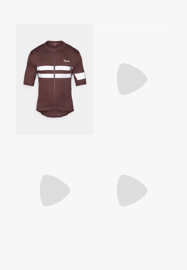 Barna, rövid ujjú kerékpáros mez teljes cipzárral, fehér fényvisszaverő csíkokkal és hálós díszítéssel. A márka logója az elülső részen látható.; Fekete kerékpáros bib sort hálós pántokkal, párnázott ülésrésszel és elasztikus mandzsettákkal. A bal lábon logo található, és szoros, aerodinamikus kialakítás jellemzi.; Fehér és ezüst kerékpáros cipők hálós felsőrésszel, textúrázott díszítésekkel, állítható pántokkal és gumitalppal a tapadás és a stabilitás érdekében.; Fehér keretű napszemüveg, szürke díszítéssel és kék tükörlencsékkel. Sportos dizájn, körbeölelő forma és állítható orrtámasz.