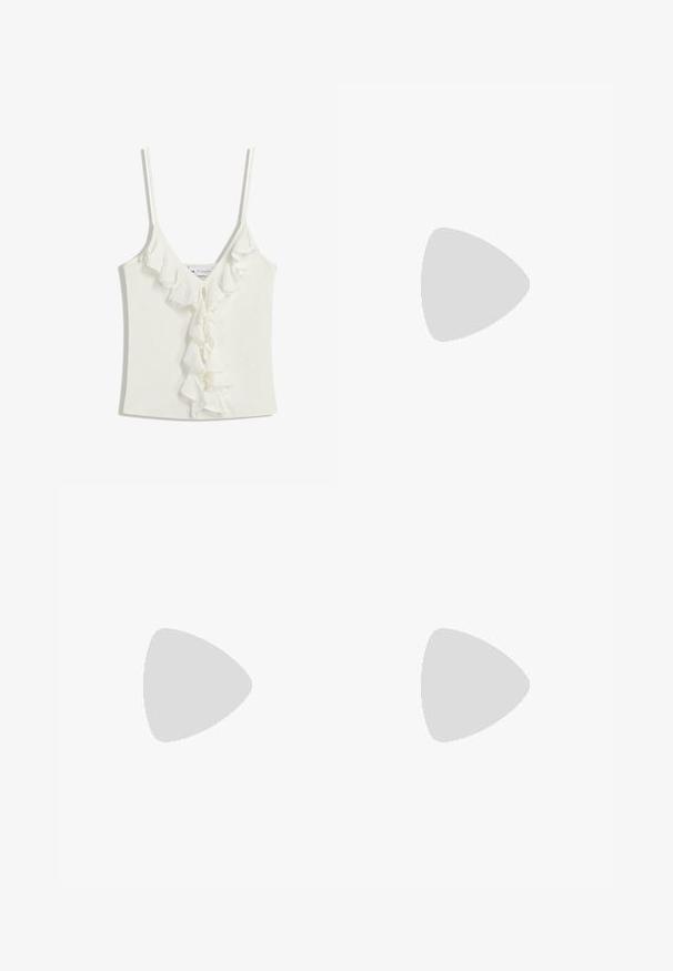 Fehér ujjatlan felső V-nyakkivágással, ráncos díszítéssel a középső részen. Puha, texturált anyagból készült.; Hollister Co. TIERED FEMME - Rakott szoknya - bright white; Barna bőr, térd fölé érő csizma kerek orral, texturált felülettel és alacsony, stakolt sarokkal. Oldalsó panel és húzóhurok található a tetején.; Beige bőr kézitáska tetején lévő fogantyúkkal, állítható pánttal, logó részlettel és aranyszínű fémrészletekkel. Simább textúrával és struktúrált formával rendelkezik.