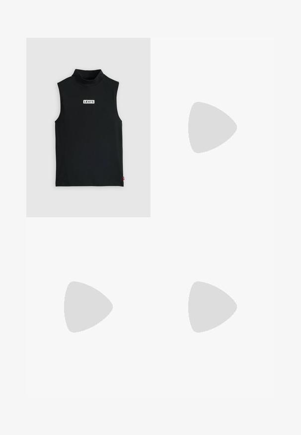 Svart ärmlös polotröja gjord av stretchmaterial, med en central vit Levi's-logotyp på en rektangulär lapp, med en slät yta.; Svart och vit rutigt minikjol med en omslagsdesign, slät textur och en lätt öppning på höger sida.; Vit hög topp canvas sneaker med svart gummisulan, framsidan gummitåhätta och sex öglor för snören, med en ren, minimalistisk design.; Röd läderhandväska med en vinkelrät, geometrisk design. Har ett justerbart axelband och en klaffstängning med sydda detaljer.