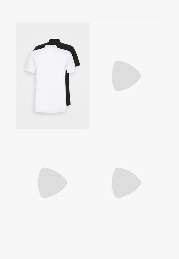 Deux t-shirts à manches courtes, un blanc et un noir, avec un design à col haut, fabriqués en coton doux.; Pantalons à carreaux noirs avec des motifs gris et vert olive. Dotés d'une taille élastique avec cordon de serrage et de jambes fuselées. Texture de tissu douce.; Bottine noire à lacets avec col rembourré et semelle robuste, présentée de profil sur fond blanc.; Lunettes de soleil en plastique noir avec verres verts, monture carrée, accent argenté sur le sourcil et branches texturées. Marque indiquée sur l'intérieur de la branche.