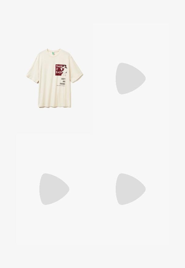 Camiseta beige con un gráfico de Goofy y el texto "Tómalo con calma", "Goofy y sus amigos" y "Disfruta de todos los momentos" en el frente.; Jeans de mezclilla azul claro con corte recto, diseño de cinco bolsillos y ligero desgaste. Incluyen cierre de botón metálico y cremallera.; Mocasines de cuero negro con puntera redondeada, detalles de costura, banda ancha en el empeine y un tacón bajo y plano. Acabado suave.; Gafas de sol tipo aviador negras con lentes grises, montura metálica delgada, forma curvada y almohadillas de silicona en la nariz para mayor comodidad.