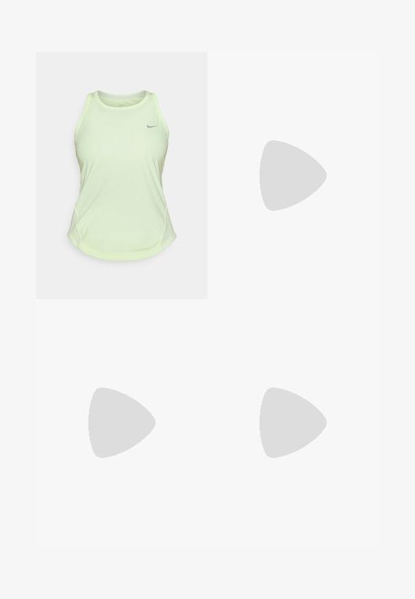 Light green athletic tank top made of breathable fabric, featuring a round neckline, wide straps, and a small gray logo on the chest.; Light green athletic shorts with a mesh texture, featuring a neon green waistband and side accents, and a small white logo.; Silver athletic shoe with mesh material, black accents, perforated design, and a cushioned white sole. Features a prominent 'N' logo.; Clear safety glasses with a lightweight, transparent frame and gray accents. Features a wraparound design and adjustable nosepiece.