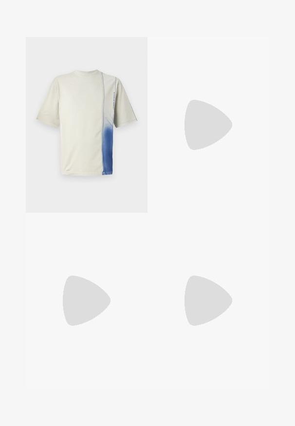 Short-sleeve t-shirt made of cotton, featuring a gradient from light cream to deep blue, with a vertical stitch detail and logo.; Light gray joggers featuring a drawstring waistband, soft texture, and a gradient from light to dark gray with vertical stitching accents.; White leather sneaker with a smooth finish, round toe, flat laces, and a textured sole. Features a subtle logo on the heel.; Black round sunglasses with dark lenses and slim metal arms. Includes clear temple tips and silver accents at the hinge. Minimalist design.