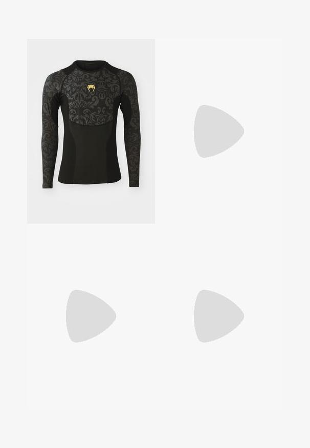 Langermet svart rash guard med intrikate mørke blomsterdesign og gylden logo på brystet. Designet for komfort og fleksibilitet under aktiviteter.; Svart og oransje Venum-shorts med en blank finish, kontrasterende camo-mønstre og en elastisk midjebånd med logo-detalj.; Høy topp idrettssko med svart mesh og syntetisk materiale, teksturerte detaljer, rød gummisåle og gullfarge på ankelen.; Svarte boksinghansker med matt finish og ergonomisk design. Oransje logo-detaljer og håndleddsstropper med kamuflasjemønster.