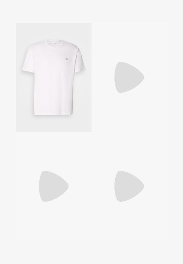White short-sleeve t-shirt made of cotton with a round neckline and a small gray logo on the chest. Smooth texture, classic fit.; Esprit SLIM - Chinos - dark grey; Suede and textile sneaker in green, brown, and beige with three white stripes. Features a light pink accent on the heel and textured outsole.; Round sunglasses with a thin black metal frame, dark lenses, and adjustable nose pads. The arms feature a subtle brand detail.