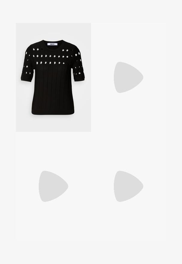 Pulover negru din tricot, cu mâneci scurte, textură bătătură și decolteu rotund. Numeroase găuri tăiate creează un model pe partea din față.; Fustă maxi din denim de culoare negru închis, cu croială dreaptă, cusături vizibile și o fente în față. Dispune de un brâu standard și bucle pentru curea.; Pantof cu toc slingback din piele neagră, cu vârful ascuțit, toc subțire și accente de hardware în ton de aur pe partea superioară. Textură netedă și design structurat.; Geantă de mână din piele neagră cu o finisare texturată, având două mânere superioare, o curea de umăr detașabilă și un detaliu cu închidere din argint.