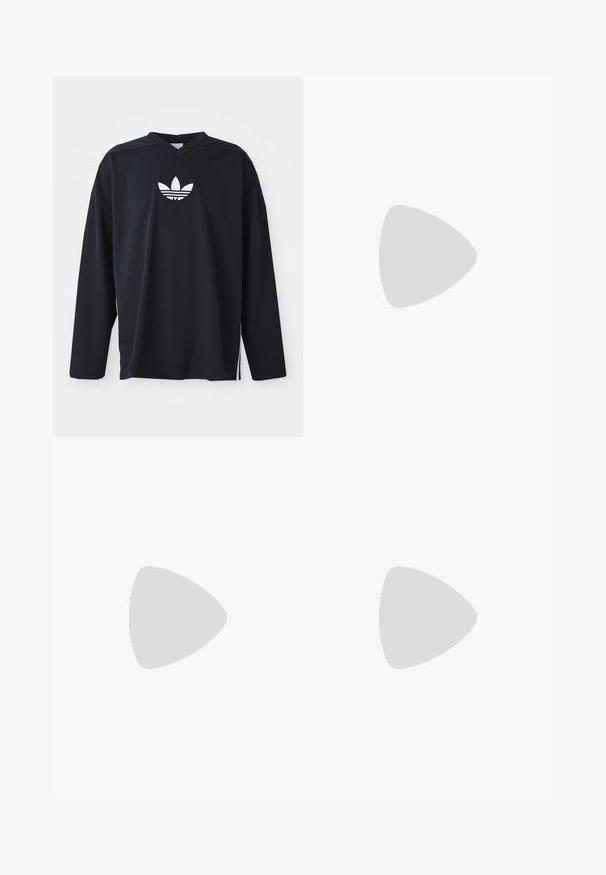 Svart långärmad tröja i meshmaterial med V-ringning och vit Adidas trefoil-logotyp på bröstet. Sidoklipp vid fållen.; Grå träningsbyxor för män med elastisk midja, dragkedjefickor och reflexvita detaljer på sidorna. Lätta och med en mjuk yta.; Vita mesh träningsskor med svarta detaljer, med en texturerad design och en distinkt sula, i kombination med blå denimjeans.; Svart tygaxelväska med dragkedjestängning, prydd med en vit Adidas-logga och ett randigt justerbart band för enkel bärning.
