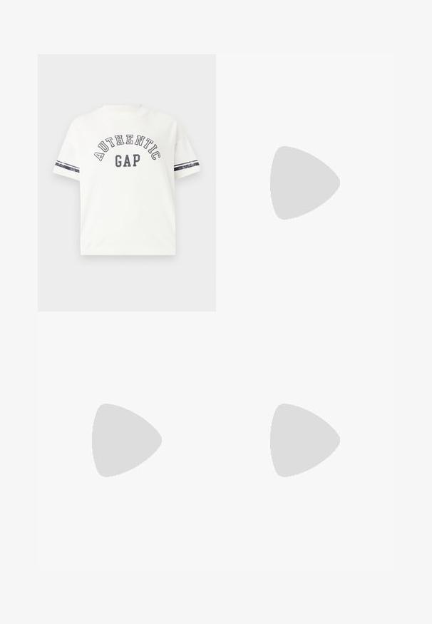 White T-shirt with "AUTHENTIC GAP" printed in navy. Short sleeves feature navy stripes. Made of soft, smooth cotton fabric.; Brown cotton shorts with a textured, crinkled finish, an elastic waistband, and a drawstring. Mid-thigh length with a relaxed fit.; White platform sneakers featuring a smooth leather-like upper, rounded shape, padded collar, and textured rubber sole with defined treads.; White shoulder bag with a textured finish, a central buckle accent, and a curved shape. Zipper closures on both sides.
