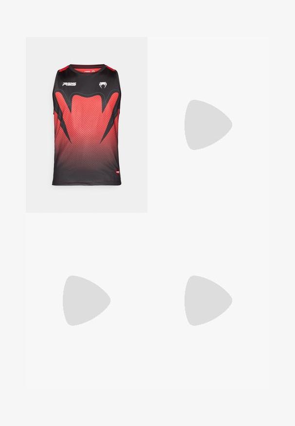 Fekete és piros ujjatlan sportpóló, melynek gradient mintázata, hatszögletes textúrája és merész fekete részletei vannak logókkal.; Fekete sportnadrág arany kígyófogszerű mintázattal, levél mintákkal, és arany kígyófej logóval a derékrészen, fehér háttér előtt.; Felső sportcipő fekete hálós és szintetikus anyagból, texturált díszítésekkel, piros gumitalppal és arany részletekkel a bokán.; Fekete bokszkesztyű arany díszítéssel és "VENUM" logóval. Az atlétán ujjatlan fekete felső van, amely kiemeli izmos testalkatát.