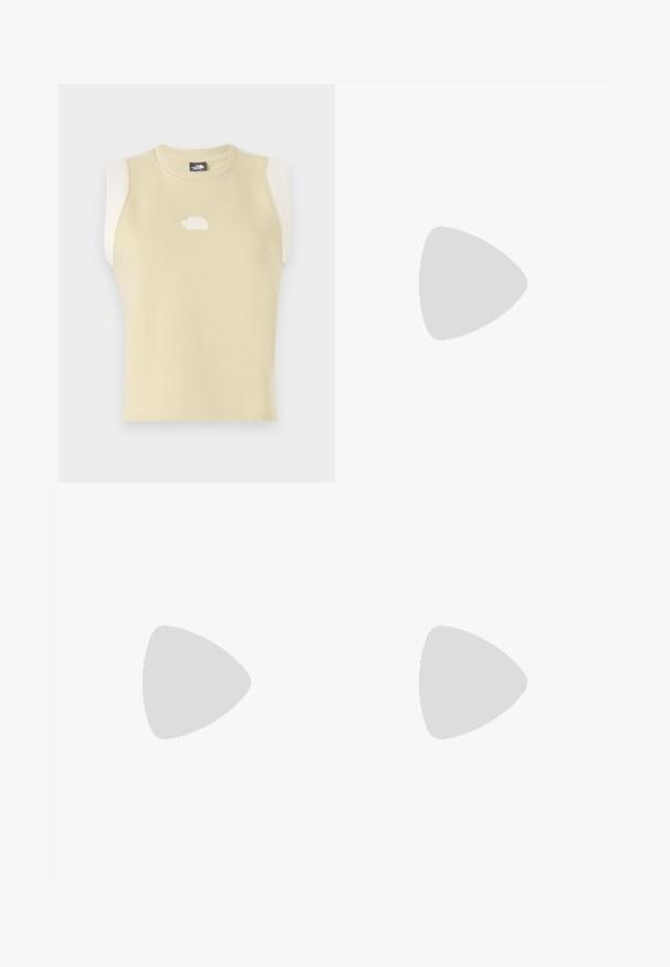 Top sin mangas de algodón en amarillo pastel con un escote redondeado. Presenta paneles en crema en los hombros que contrastan y un logo texturizado en el pecho.; Pantalones de fitness negros de campana con una cinturilla alta, tejido elástico, que presentan un logo de marca bordado en blanco y un sutil detalle de costura.; Zapatillas deportivas negras con parte superior de tela texturizada, entresuela blanca en contraste y un logotipo gris prominente en el costado. Suela de goma con tracción.; Gafas de sol deportivas negras con lentes grises, diseño de marco curvado y detalle del logotipo en el lateral. Fabricadas en un material plástico ligero.