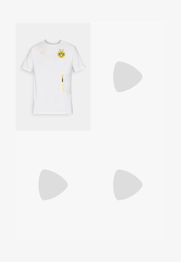 Witte sportshirt met korte mouwen, voorzien van een geel BVB-logo, gele accenten en een ritszak aan de voorkant aan de linkerkant. Lichtgewicht materiaal.; Zwarte brede sweatpants met elastische tailleband en trekkoord, voorzien van twee verticale zakken aan de voorkant.; Zwarte sportieve schoenen van mesh stof, met een witte zool en zwarte accenten. De zool heeft een gestructureerde loopvlak. Gemaakt in combinatie met zwarte broek op een blauwe tapijtoppervlakte.; Zwarte weekendtas gemaakt van duurzaam textiel, met dubbele ritscompartimenten, gewatteerde handgrepen en een wit Puma-logo aan de zijkant.