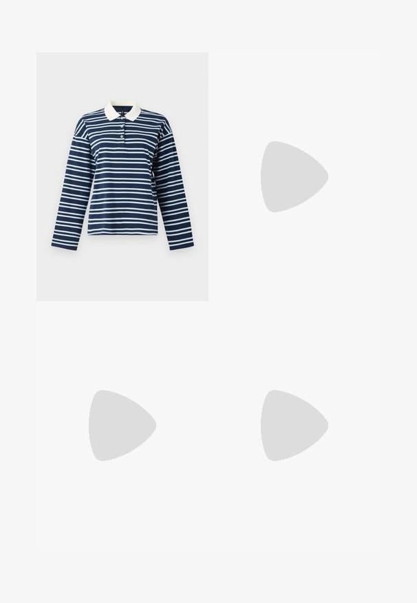 Mörkblå och ljusblå randig långärmad piké med vit krage, med tre knappar på knappisen. Mjuk bomullstyg.; Svarta sweatpants i mjukt tyg, med elastisk midja och snörning, smalnade anklar och sidfickor.; Nike P-6000 sneakers med en ljusgrå nätövre, svarta accenter och en hållbar sula i svart gummi. Har en intrikat design och snörningssystem.; Brun lackläderhandväska med en strukturerad rektangulär form, ett handtag och en silverkedjeaccent på ena sidan.