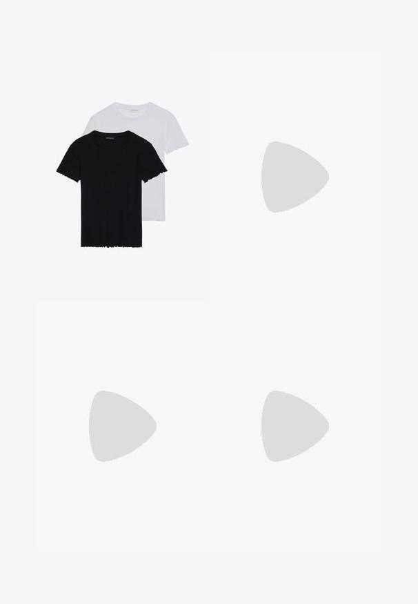 Even&Odd 2 PACK  - Jednoduché tričko - black/white; Světlé zelené široké kalhoty s elastickým pasem, vyrobené z texturované látky. Mají měkké splývání a uvolněný střih.; Černé kožené lodičky se špičatou špičkou, kotníkovým páskem a silným podpatkem. Hladká textura, elegantní design a minimalistická estetika.; Černá kožená hobo taška s hladkým povrchem, zakřiveným tvarem a jedním nastavitelným popruhem; má široké otevírání nahoře.