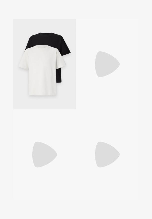 Ensemble de t-shirts en coton comprenant un haut noir et un haut blanc, tous deux à manches courtes, avec un col rond et une coupe standard. Tissu texturé.; Pantalons marron foncé à taille élastique avec cordon de serrage, présentant une coupe droite et un tissu lisse et texturé.; Chaussure noire en cuir à lacets avec une finition lisse, bout arrondi et semelle en caoutchouc à profil bas. Design minimaliste sans embellissements supplémentaires.; Lunettes de soleil noires de forme rectangulaire, verres foncés, accents argentés aux tempes et finition mate sur la monture.