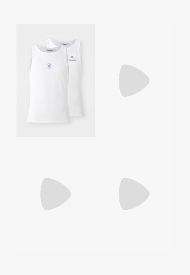 Two white tank tops, ribbed texture, featuring blue and green embroidered logos. One has a sun design, the other a palm tree.; Short-sleeve button-up shirt in dark brown and blue plaid, featuring a collar, front pocket, and a small logo on the chest.; Light blue swim shorts featuring a white abstract pattern, elastic waistband, and drawstring. Logo on front left and side slits at hem.; White leather sneakers with a smooth finish, perforated accents, and a textured midsole. Features a logo on the tongue and side stripes.