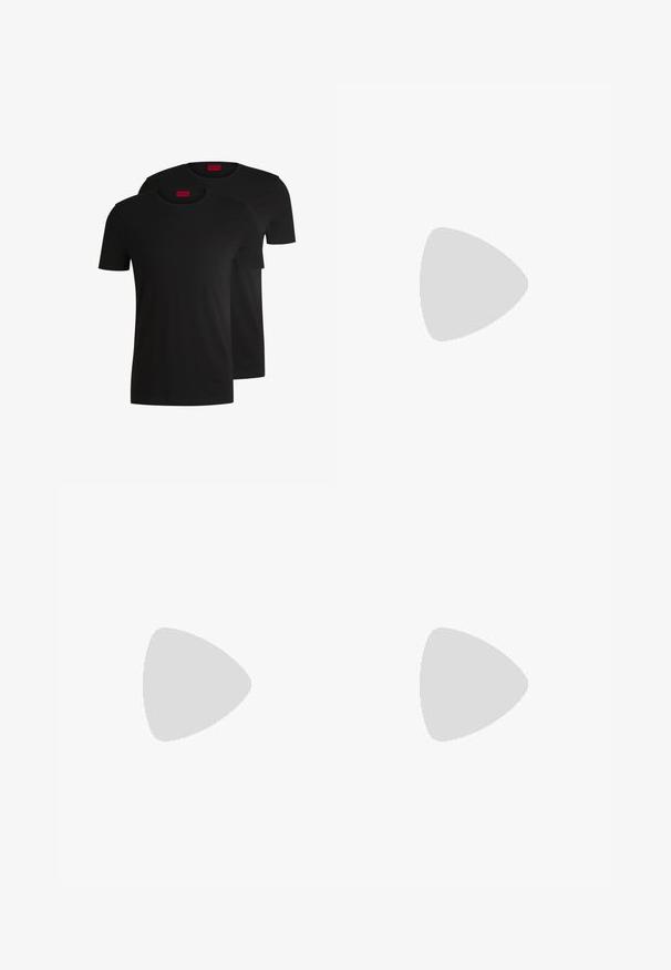 Two black cotton t-shirts with short sleeves and crew necks. Both feature a red brand label at the neckline. Simple, classic design.; Cargo pants with an elastic waistband, drawstring, and two side pockets. Made from a soft brown fabric with a relaxed, wide-leg design.; BOSS BELWAR - Trainers - white; BOSS Sunglasses - black