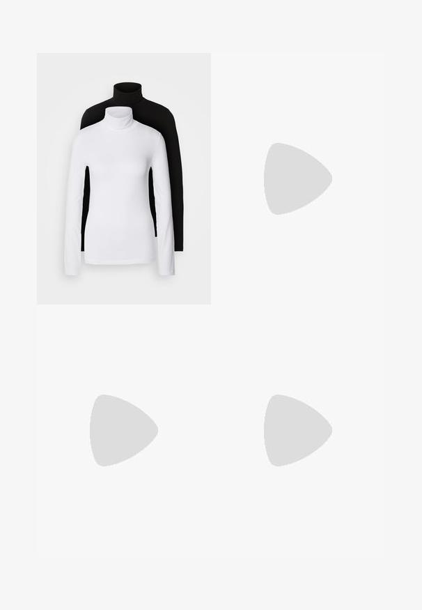 Zwei langärmelige Rollkragenoberteile, eines weiß und eines schwarz, aus einem glatten, dehnbaren Stoff, beide mit schmalem Schnitt und hohem Kragen.; Dunkelgrauer Baumwollrock mit einem Stufendesign und gestickten Blumenakzenten in Rot, Blau und Gelb am Saum. Elastischer Taillenbund.; Schwarze Lederpumps mit spitzem Zehenbereich und niedrigem Blockabsatz. Mit einem Knöchelriemen und einer goldfarbenen Schnalle. Glatte Textur.; Schwarze Leder-Shopper-Tasche mit zwei langen Griffen, einer glatten Textur und einer strukturierten Form. Verfügt über eine Vordertasche für zusätzlichen Stauraum.