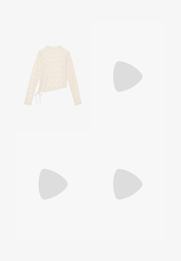 Cream long-sleeve top, featuring a floral lace pattern, high neck, and a side tie detail for adjustable fit. Soft texture and lightweight fabric.; Gray pinstriped wide-leg trousers with belt loops and pleats, displayed flat against a white background.; Dark burgundy leather mules with a square toe, glossy finish, and a chunky, textured black high heel. Simple design, slip-on style.; Set of twelve hoop earrings in silver and gold tones. Includes twisted, smooth, and textured designs with various sizes and finishes.