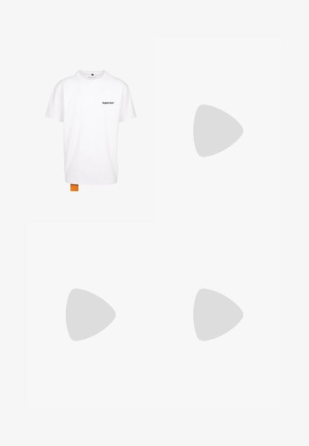 White cotton t-shirt with short sleeves, crew neckline, black printed logo on the chest, and an orange fabric tag at the bottom hem.; Gray cargo pants made of lightweight fabric, featuring side pockets, elastic waistband with drawstring, and cuffed hems.; White leather sneaker with textured panels, lace-up front, embossed logo on the side, and navy heel accent with a brown detail.; Black metal sunglasses with round gradient lenses, featuring thin temples and clear nose pads for a comfortable fit.