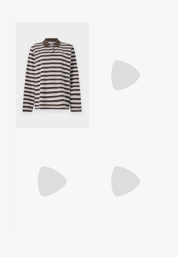 Samsøe Samsøe SADOVER - Long sleeved top - turkish coffee; White denim pants with straight leg design, contrasting orange stitching, five pockets, and a button and zipper closure.; Black rubber flip-flop sandal with a textured thong strap and simple flat sole, shown from side on a plain light background.; Black tortoiseshell sunglasses with brown lenses, angular design, and wide arms featuring a subtle logo detail. Smooth plastic texture.