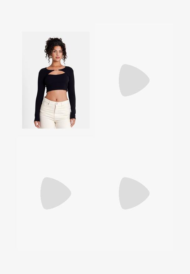 Haut noir moulant à manches longues avec une découpe à l'avant et des accents dorés. Tissu doux et design ajusté associé à un pantalon de couleur claire.; Jaded London WRAP SKIRT - Jupe portefeuille - multi coloured; Baskets de sport bleues avec une tige en daim et en mesh, accents blancs, lacets plats et semelles en caoutchouc gomme, accompagnées de chaussettes blanches à côtes.; Sac à main en cuir synthétique crocodile blanc, à deux poignées, de forme rectangulaire et avec une fermeture éclair. Exposé sur un fond clair.