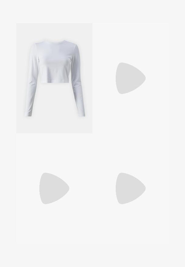 White cropped long-sleeve shirt made of soft fabric. Features a classic round neckline and fitted sleeves. Smooth texture, minimal design.; Black wide-leg trousers made of a smooth fabric. Features a waistband with a button closure and front crease detailing.; Beige high-heeled sandal with an ankle strap, open toe, smooth leather material, and a block heel design.; Black clutch bag with a textured finish, gold chain strap, and a clasp closure. Rectangular shape with a sleek, minimalistic design.