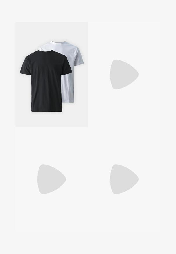 Zwei Baumwoll-T-Shirts, Rücken an Rücken gezeigt: eines schwarz und eines weiß. Beide haben kurze Ärmel und Rundhalsausschnitte und verfügen über eine glatte Textur.; Schwarze Baumwollhosen mit geradem Schnitt, ausgestattet mit einem regulären Bund, Gürtelschlaufen und einem einzelnen Knopfverschluss. Glatte Textur, ohne Muster.; Marineblaue Wildleder Adidas Sneaker mit hellblauen Streifen, Gummisohle, hellblauer Fersenkappe und goldener "Spezial"-Markierung an der Seite.; Schwarze rechteckige Sonnenbrille mit dunklen Gläsern, glatten Kunststoffrahmen und breiten Bügeln. Dezente Markenkennzeichnung an der Seite.