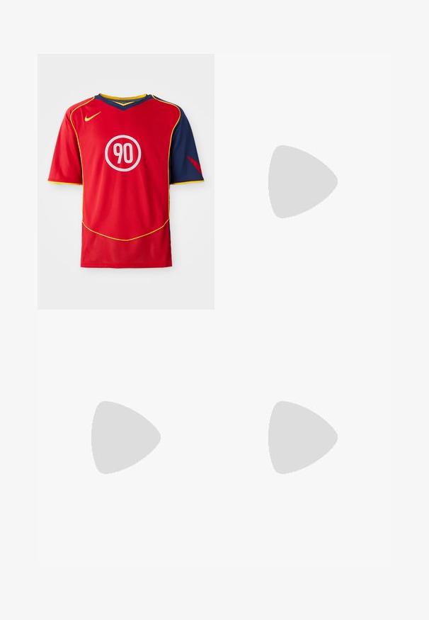 Punane spordisärk, millel on lühikesed varrukad ja V-kaelus. Kujunduses on sinised aktsendid, kollane ääristus ja ümmargune valge logo, millel on number "90".; Oliivrohelised lühikesed särk, mis on valmistatud pehmest puuvillasegust, oma elastse vöökoha ja reguleeritava nööriga ning prinditud logoga alumises nurgas.; Mustvalged spordijalatsid oranžide aktsentidega, millel on stiilne disain, tekstureeritud materjalid, võrgusilm ülaosa ja silmapaistvad paelad.; Mustat nailonist seljakott rull-kattelinguga, oranž Nike'i logo, kontraste õmblused ja reguleeritav rihm. Kujundatud mitmete veebiriidest aktsentidega.; Metallist ehetross, millel on piklikud lingid tumedast terasest. Omab geomeetrilist aktsenti ja brändimise detailiga klamber.