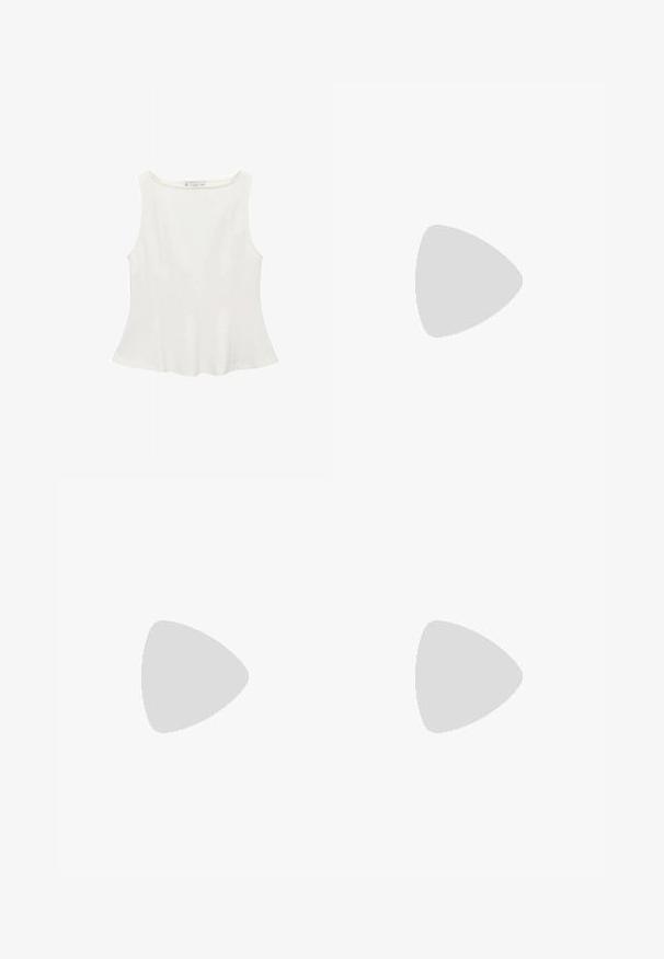 Bílé bezramínkové triko s kulatým výstřihem, s rozšířeným střihem a hladkým povrchem, vyrobené z lehkého materiálu. Jednoduchý design bez potisků.; Kalhoty s širokými nohavicemi v světle krémové barvě. Vyrobené z hladké tkaniny s záhyby vpředu a bočními kapsami.; Mou ESKIMO 18 - Kotníkové boty - black; Světlá šedá kožená taška s U-tvarovaným designem a zakřivenou kovovou rukojetí. Hladký povrch s minimálním šitím a bez viditelných vzorů.