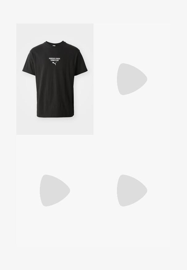 Černé bavlněné tričko s kulatým výstřihem, na kterém je bíle potisknutý text "PORSCHE LEAGUE TURBO CLUB" a malé logo Puma níže.; Tmavě modré šortky vyrobené z měkké tkaniny s elastickým pasem. Na levé nohavici je bílé logo Puma. Standardní střih, délka po kolena.; Bílé sportovní boty s vrchní částí z prodyšné tkaniny, strukturovanými detaily, polstrovanou podrážkou a černými akcenty na patě. Zaoblený tvar špičky.; Bílé oversized sluneční brýle se šedými skly, s obdélníkovým tvarem, silnými rámy a hladkým plastovým povrchem.