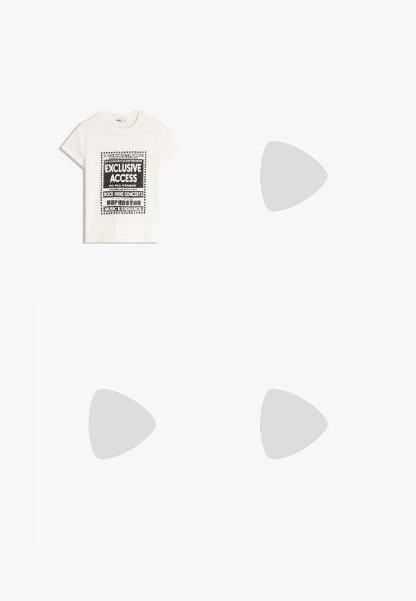 Tricou alb cu text negru care promovează un eveniment muzical, având inscripțiile "Acces Exclusiv", "Concerte Rock Indie" și "Experiența Muzicală a Superstarurilor".; Pantaloni de exerciții evazați dintr-un material moale de culoare roz deschis, cu un talie înaltă și o textură netedă, având cusături minime și detalii cu logo pe lateral.; Sandale negre din piele lacuită, cu toc înalt, două curele cu catarame, vârf pătrat și toc gros, având o textură netedă și lucioasă.; Geantă din piele neagră, cu o formă curbată, curea detașabilă și accesorii aurii. Geanta are un capac cu un detaliu tip cataramă.