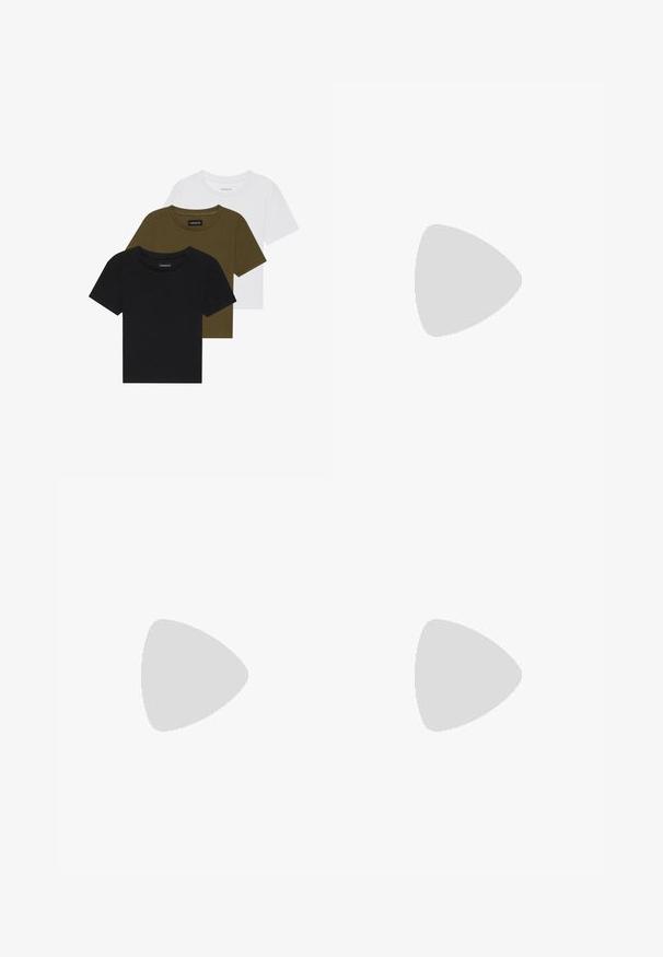 Three crew-neck t-shirts in black, olive green, and white. Short sleeves, ribbed necklines, and a fitted design.; Dark blue denim jeans with a slim fit, featuring five pockets, a front button closure, and subtle fading along the legs.; White leather sneaker with perforated toe box, textured sole, and white laces, paired with wide red pants and a blue and yellow background.; Brown tortoiseshell sunglasses with a vintage cat-eye shape and brown lenses. Features curved arms with red accents.; Gold hoop earrings with a smooth, shiny finish. Circular design featuring a small post and clear backing for secure wear.